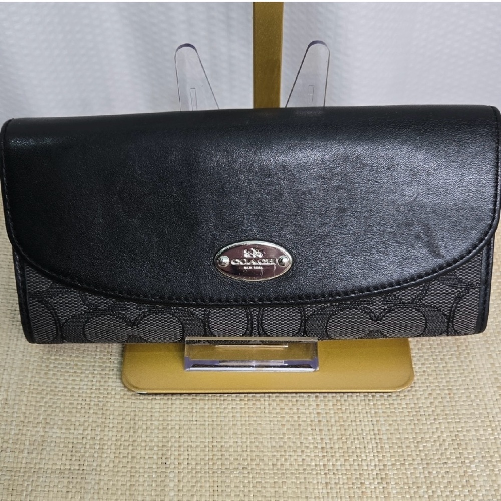 Coach Black Leather & Signature Canvas Wallet